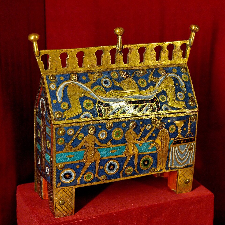A gilded and enamelled Limoges reliquary showing the martyrdom of Saint Thomas Becket, now in the Musée de Cluny in Paris