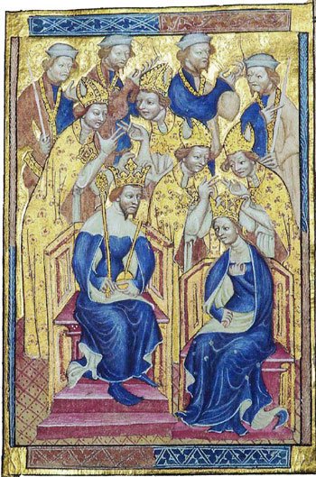 Medieval coronation: a crowned king and queen enthroned in the Liber Regalis manuscript