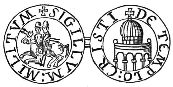 The seal of the Knights Templar, showing two knights riding a single horse