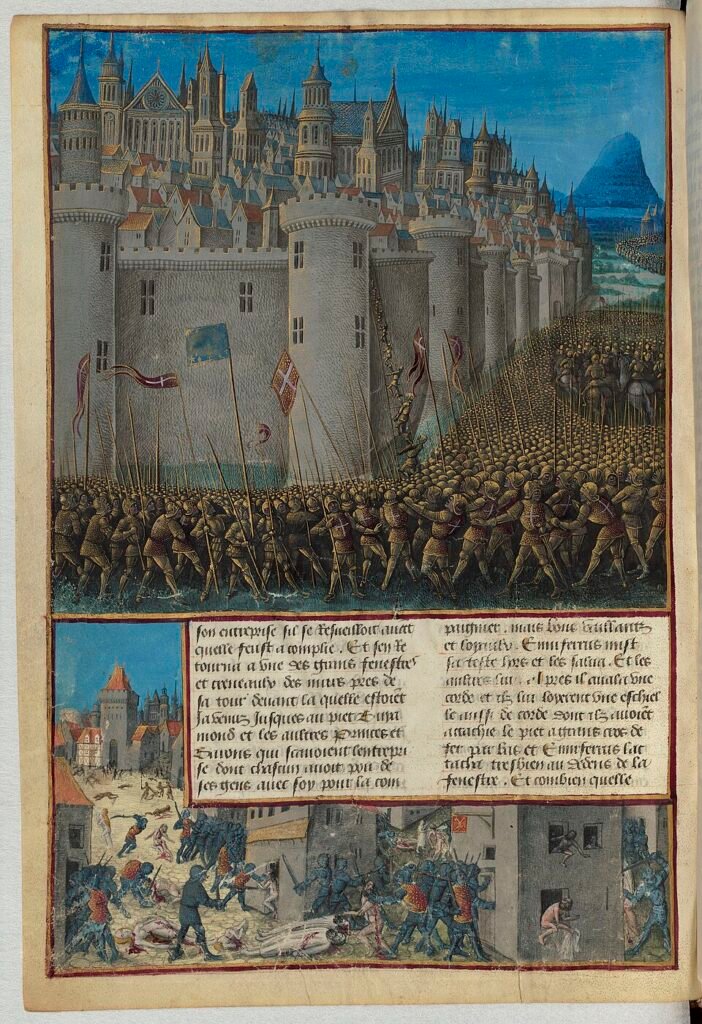 The siege of Antioch during the First Crusade, in a 15th-century French manuscript miniature