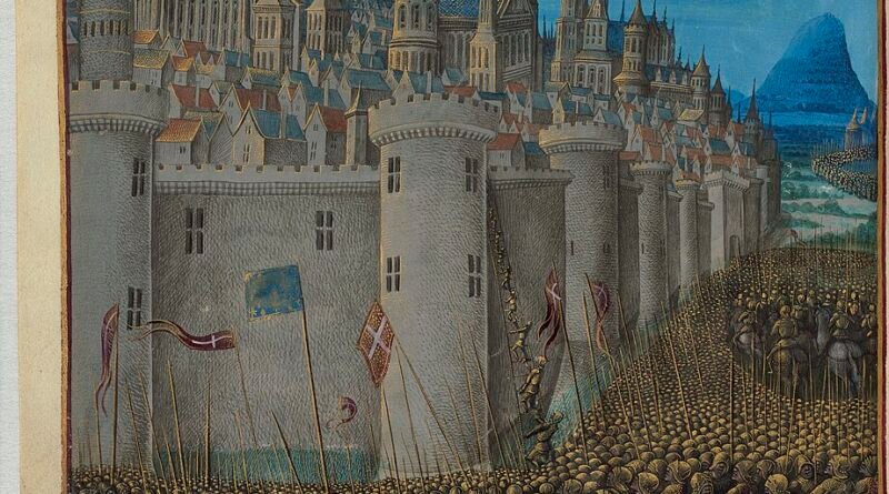The siege of Antioch during the First Crusade, in a 15th-century French manuscript miniature
