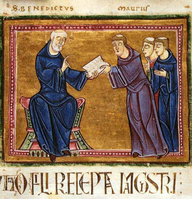 Medieval monastery life: Saint Benedict handing his Rule to his monks in a medieval manuscript