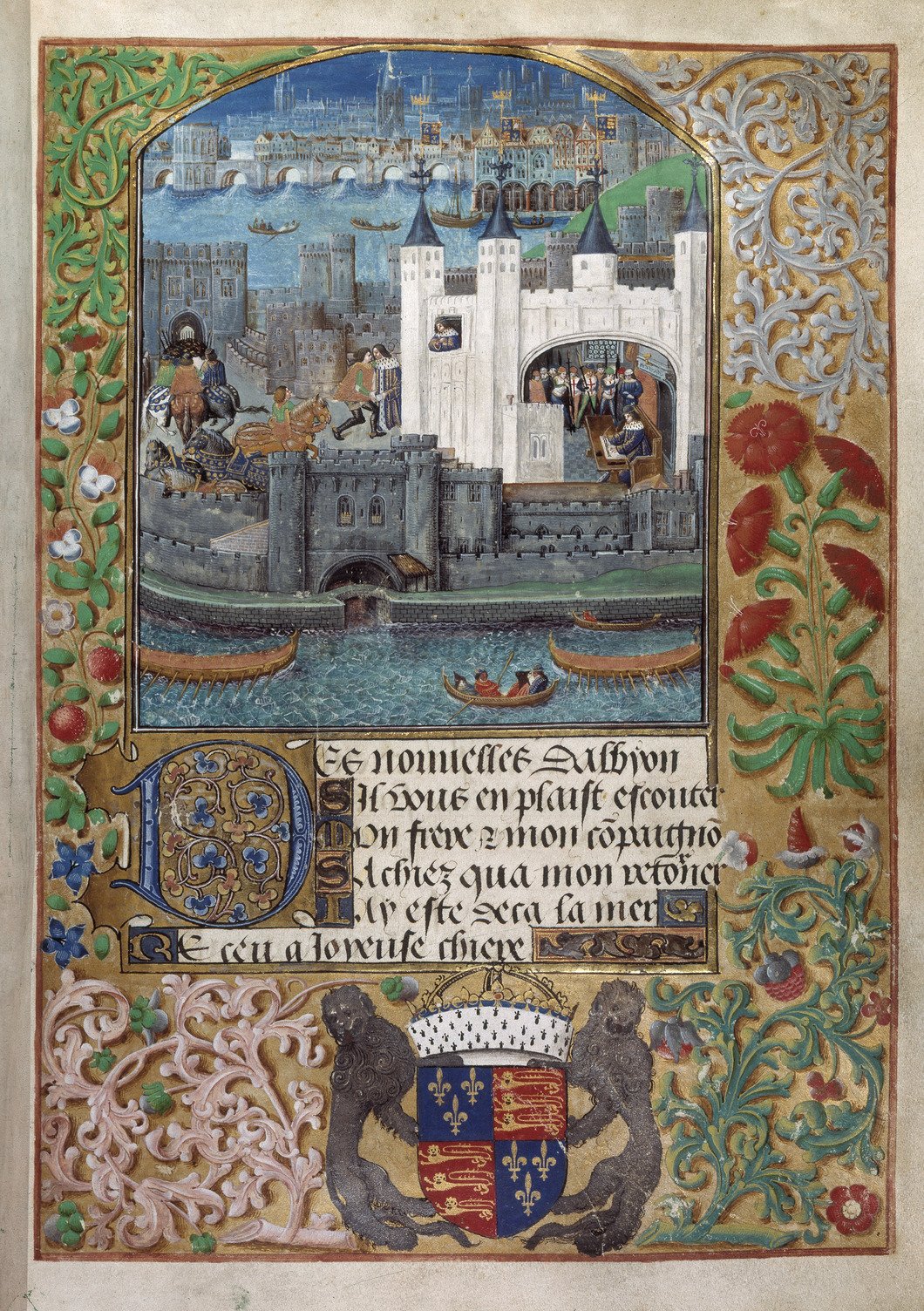 The Tower of London painted in a manuscript of the poems of Charles, Duke of Orleans, made around 1500