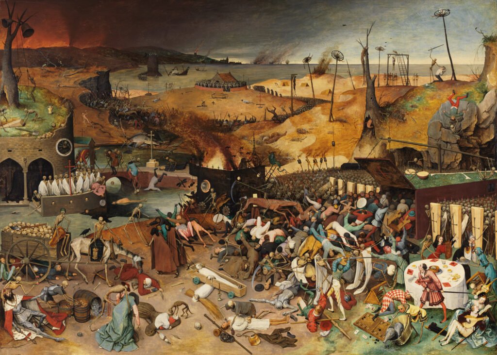 The Triumph of Death”, Pieter Bruegel cel Bătrân (c. 1562, Muzeul Prado). Domeniu public: pictorul a murit în 1569.