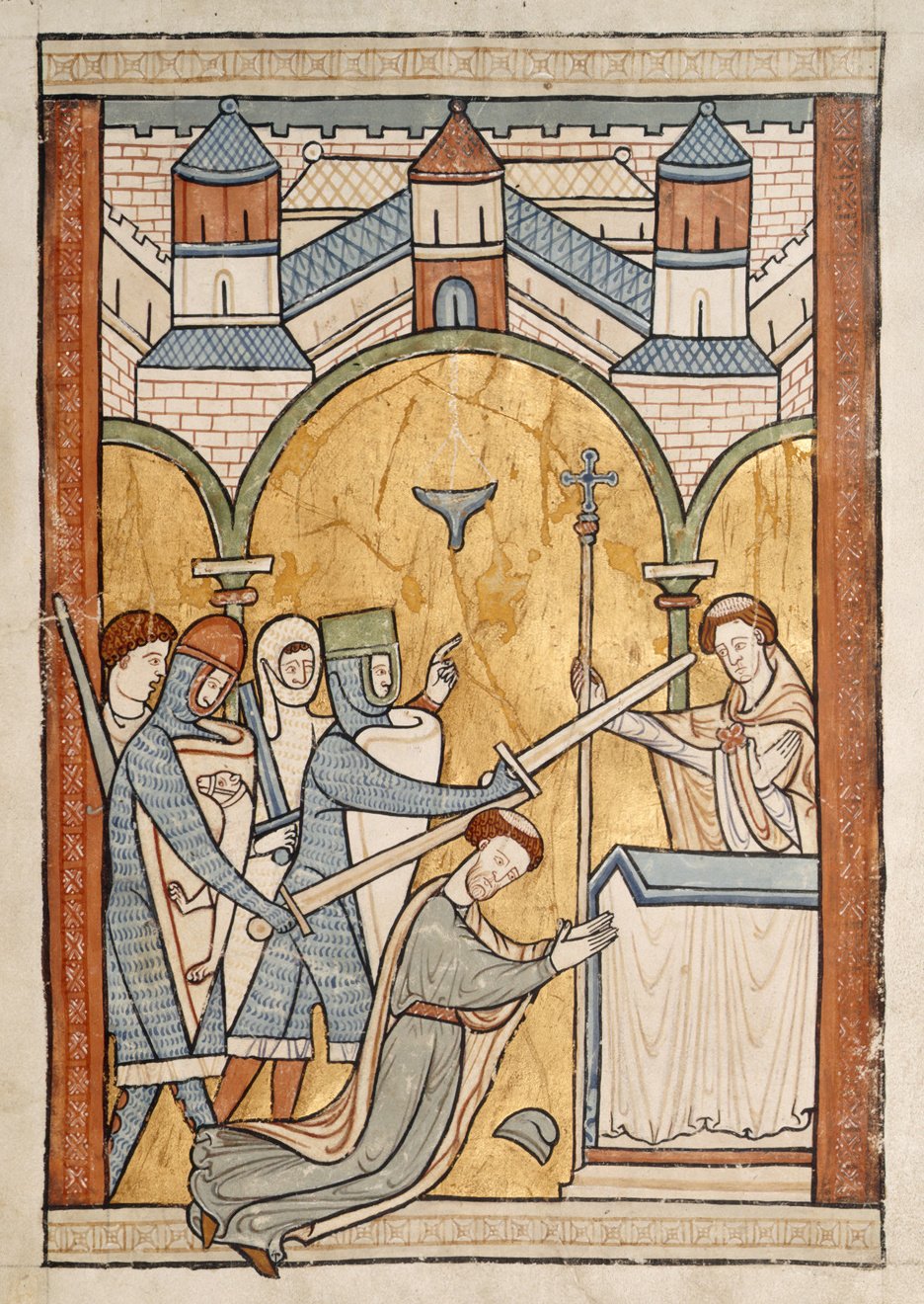 Thomas Becket murdered by knights in Canterbury Cathedral, in an early medieval manuscript illustration
