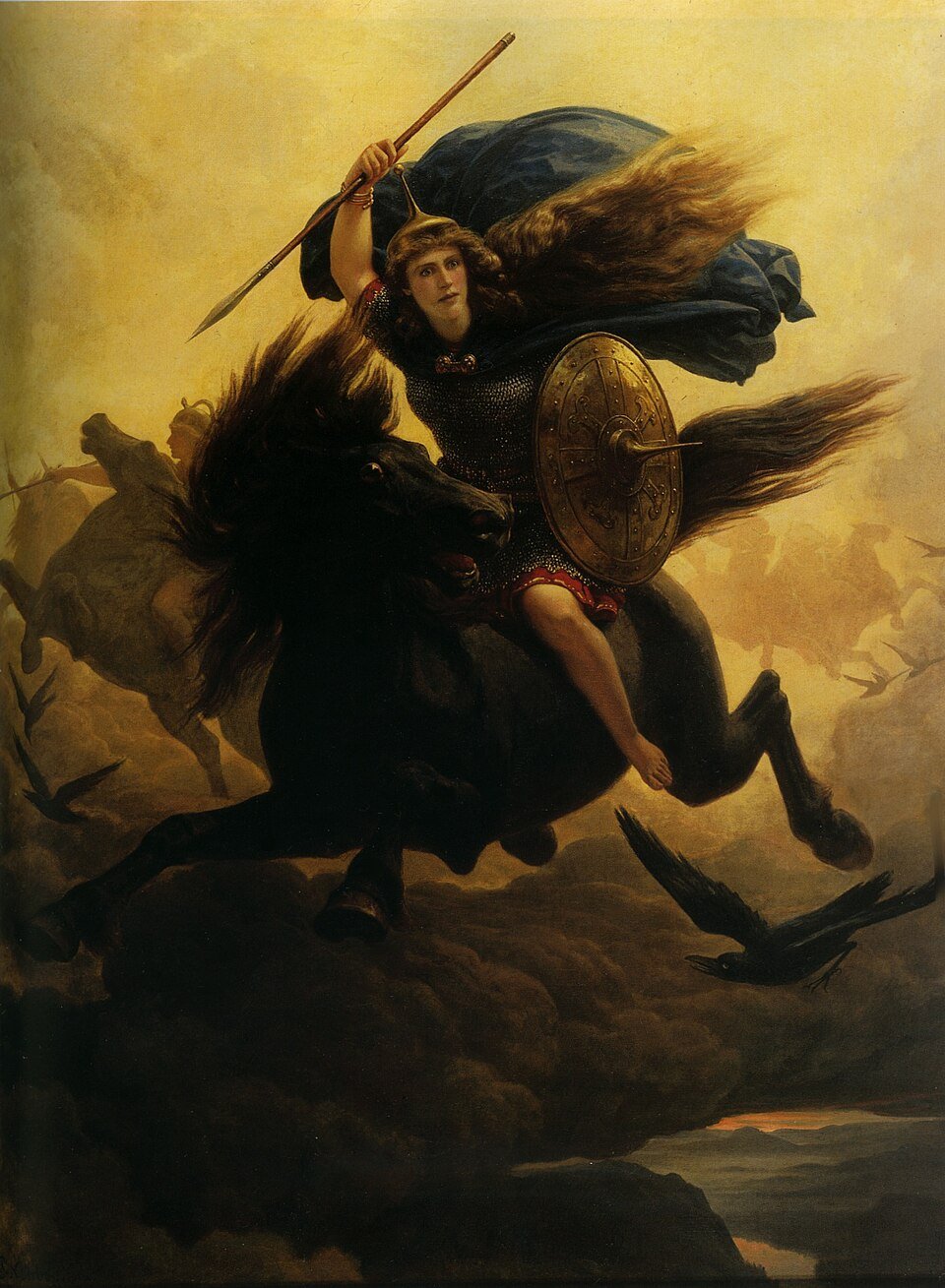 A Valkyrie riding through the sky with spear and shield, painted by Peter Nicolai Arbo in the 1860s