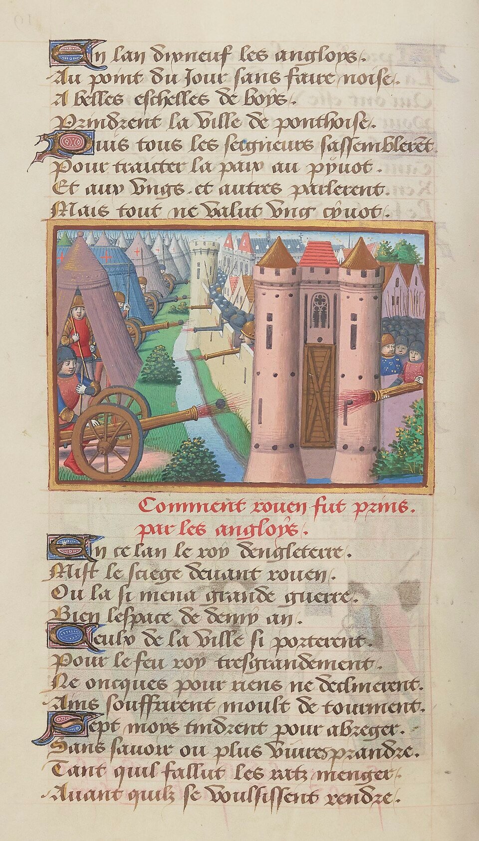 Henry V's siege of Rouen in 1418–19, painted in the late 15th-century French manuscript Vigiles de Charles VII