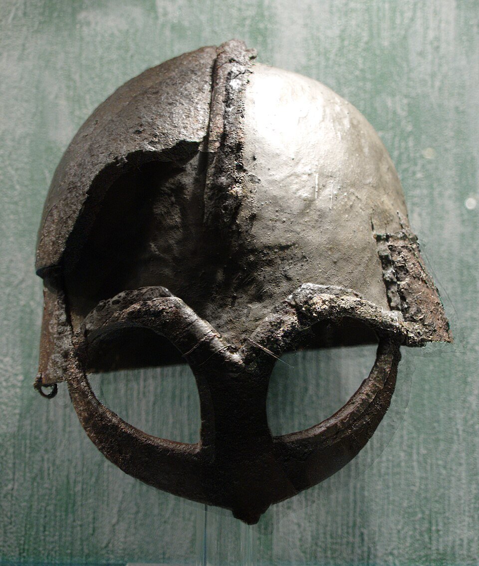 The Gjermundbu helmet, a rounded iron Viking Age helmet with a face guard and no horns, in the Museum of Cultural History in Oslo