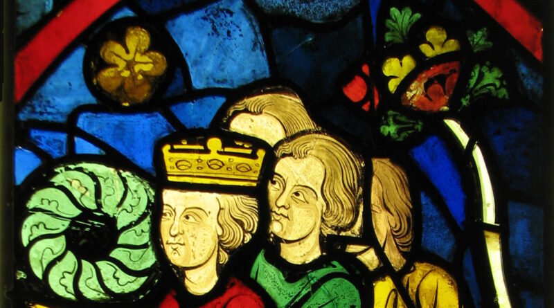 King Louis IX carrying the Crown of Thorns, stained glass made around 1245 to 1248