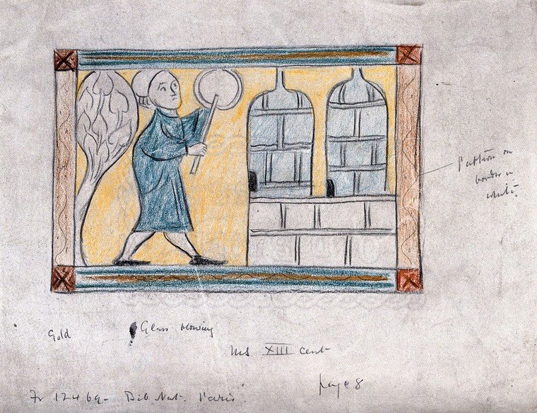 A glassmaker working at his furnace, in a coloured drawing copied from a 13th-century French manuscript