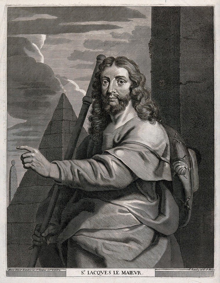 Saint James the Great dressed as a pilgrim, in a print made in Paris around 1680 to 1720